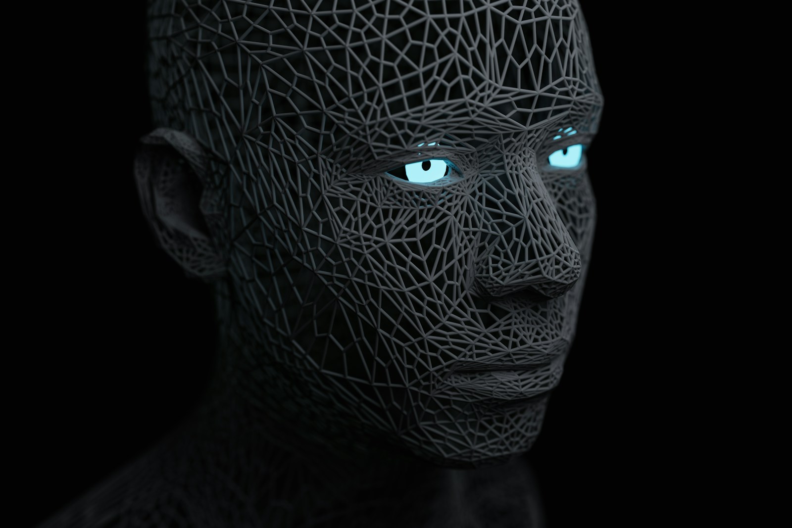 Golpe da biometria facial: rosto digital em malha sobre fundo escuro