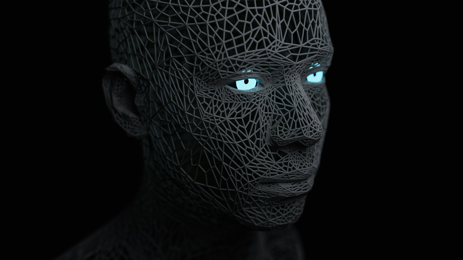 Golpes com inteligência artificial: rosto digital em malha representando deepfake