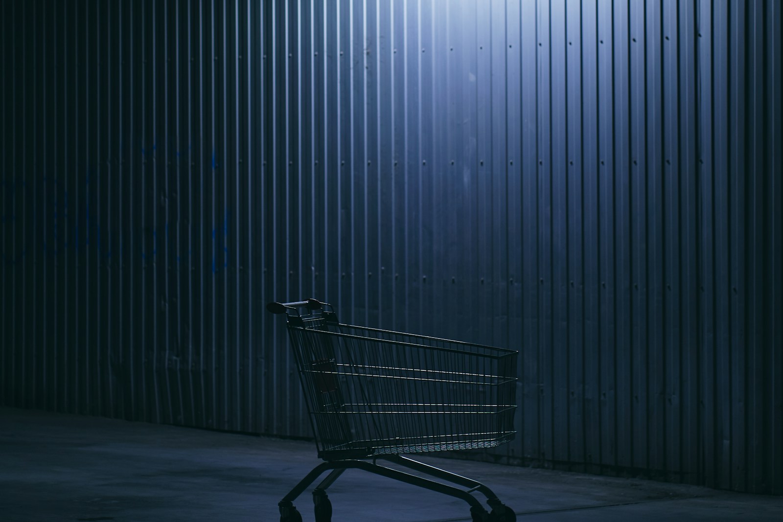 Carrinho de compras vazio em ambiente escuro, ilustrando loja falsa com a marca da empresa